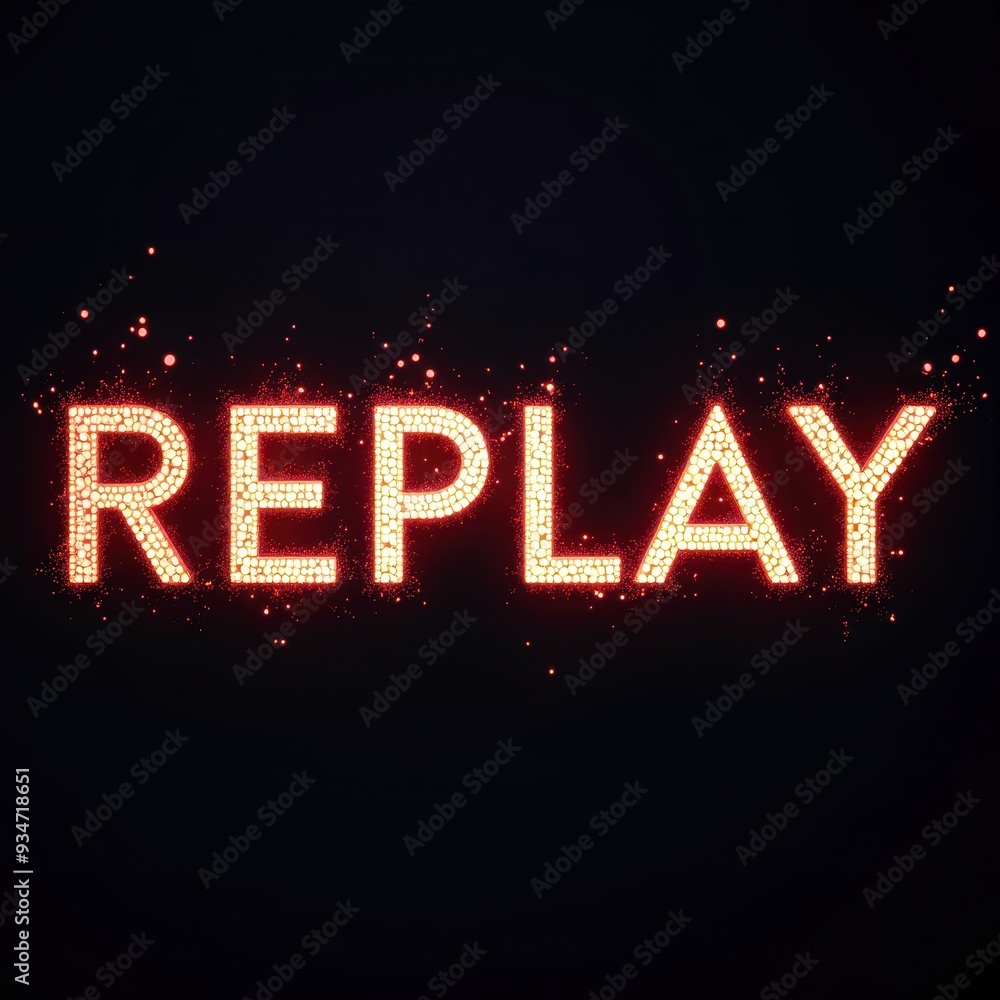 Wall mural Neon red glowing 'REPLAY' sign on a dark background with a sparkling effect.