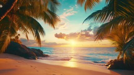 Beautiful view tropical coast with palm trees and sandy beach at sunset