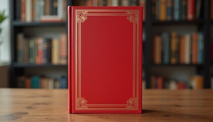 A classic red book with an ornate gold design on the cover, set against a blurred bookshelf background.