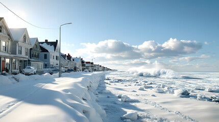Blizzard hitting a coastal town icy waves
