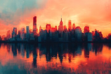 Obraz premium Retrofuturistic Skyline Abstract abstract art piece depicting retrofuturistic skyline where building made of geometric pattern palette of faded peach muted teal rusted copper Neon accent hot pink