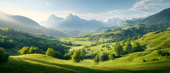 Obraz premium green landscape panoramic view of mountain peak