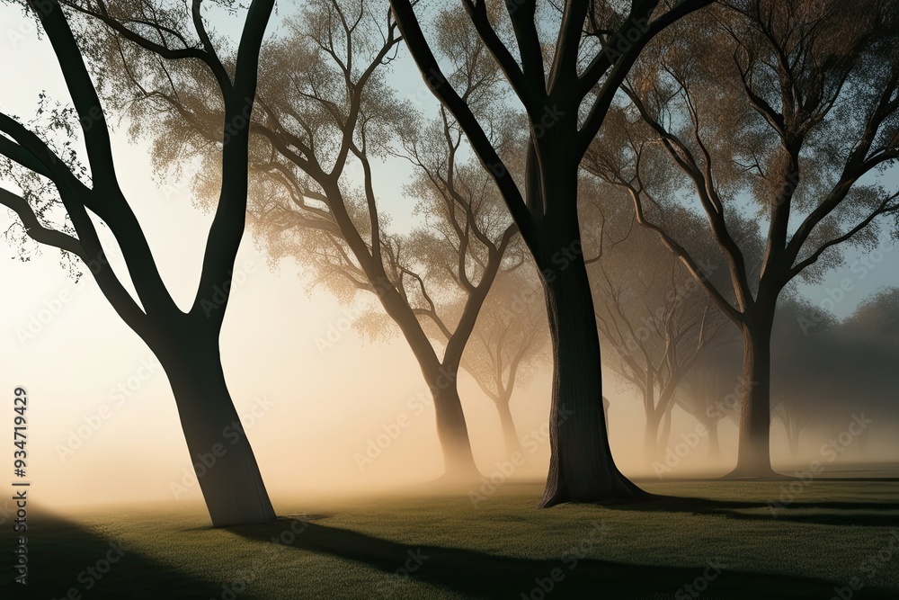 Poster striking tree branches shadow design with haze effect in a three-dimensional dynamic setting