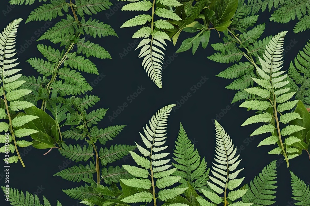 Wall mural exotic fern fronds shadow layer in botanical foliage design