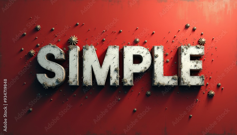 Poster large white 3d letters spelling 'simple' on a red textured background with a decorative element.