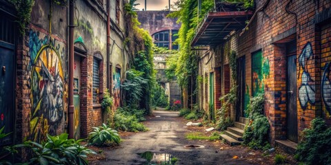 Fototapeta premium Spooky abandoned alley with graffiti covered walls and overgrown plants , urban, dark, eerie, creepy, mysterious
