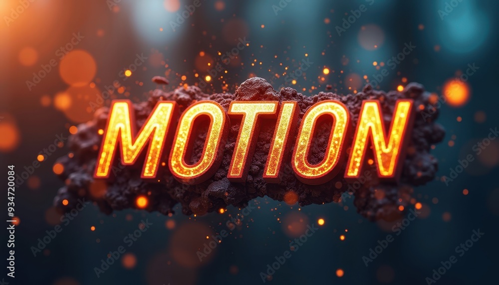 Poster dynamic and vibrant 'motion' text with glowing effects and particle explosion on a dark background.