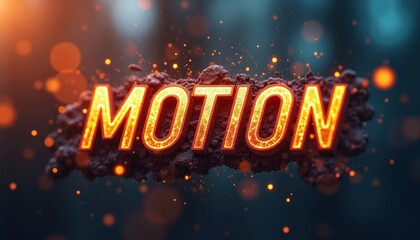 Dynamic and vibrant 'Motion' text with glowing effects and particle explosion on a dark background.