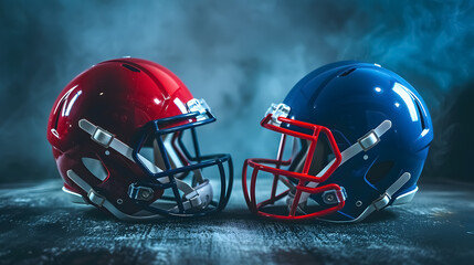 Fototapeta premium An athletic rivalry is depicted with two American football helmets, one red and one blue