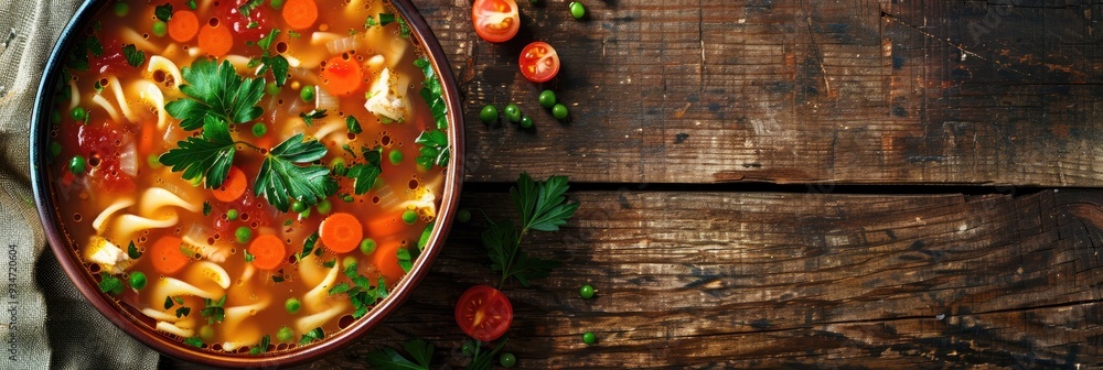 Poster close-up of chicken noodle soup with empty area for text.