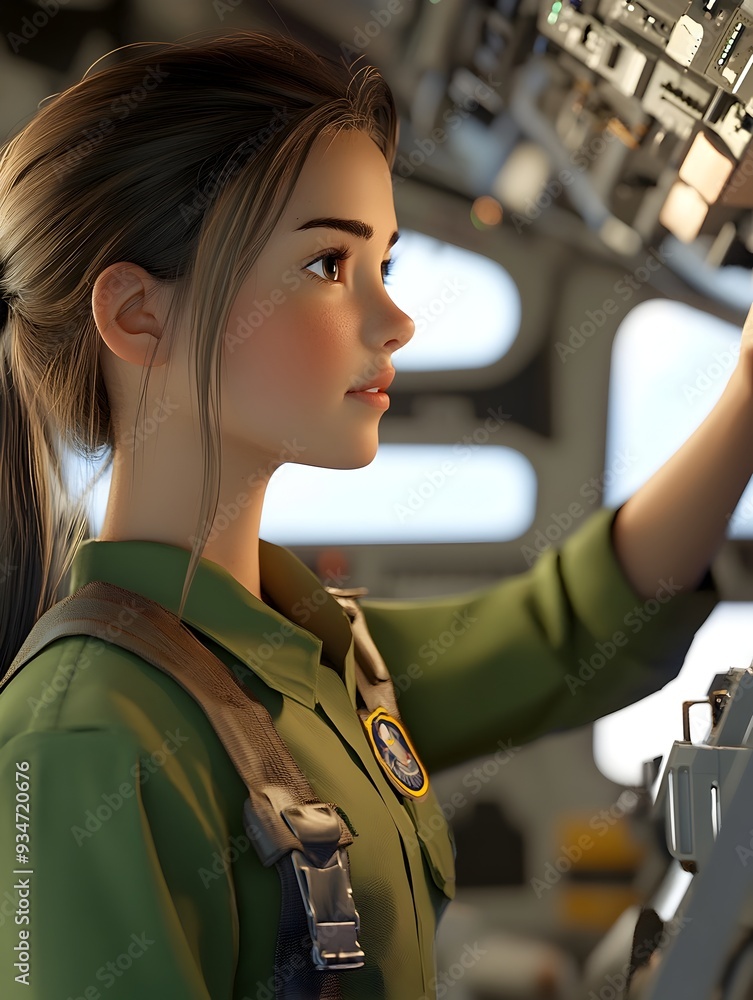 Aufkleber animated 3d female character in flight engineer uniform examining and inspecting aircraft fuselage i