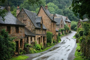 Fototapeta premium Charming medieval village nestled in lush green countryside