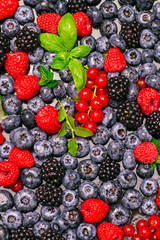 Background of fresh berries. Berry fruit. Blueberries, blackberries and raspberries. Vitamins in natural products. Berries.