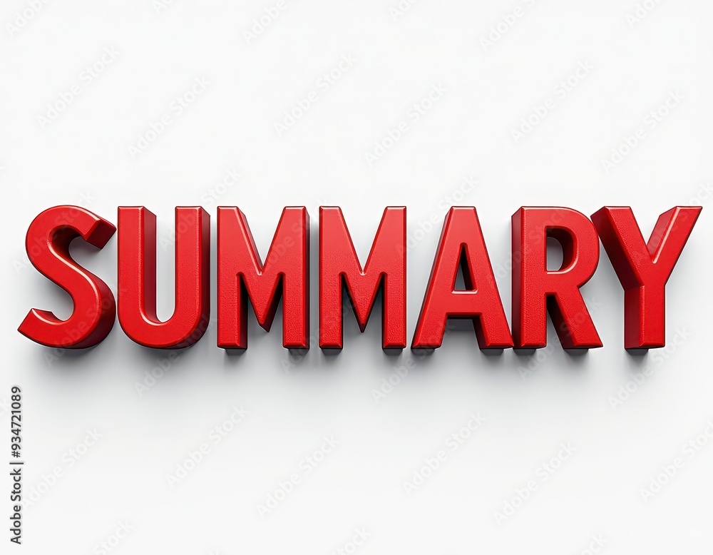 Aufkleber bold red 3d text displaying the word 'summary' on a white background.
