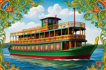 Obraz premium Charming Artwork of a Colorful Green Riverboat with Intricate Motifs