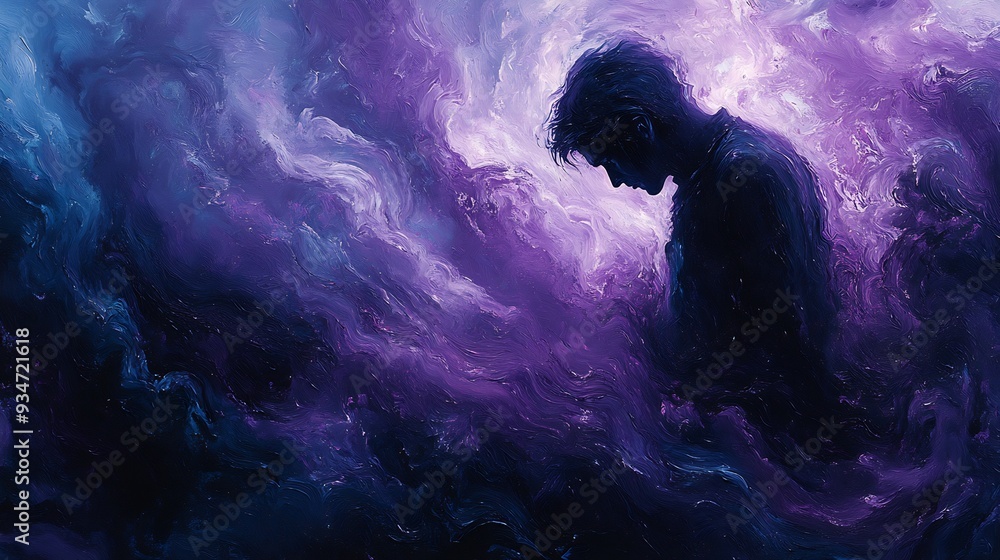 Poster abyss within abstract image of figure standing edge of dark bottomless abyss abyss filled swirling c