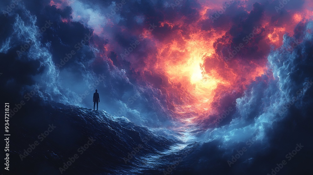 Poster abyss within abstract image of figure standing edge of dark bottomless abyss abyss filled swirling c