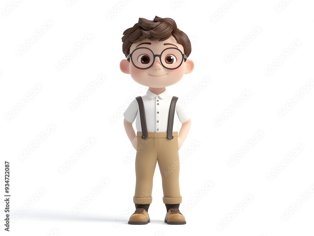 Poster stylized 3d showcasing a full body boy character wearing a professional librarian uniform standing c