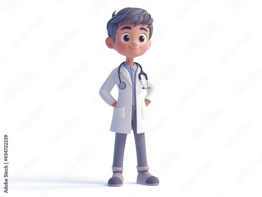 Poster 3d animated digital render of a boy wearing a veterinary uniform standing centered on a plain white 