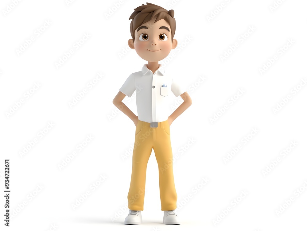 Poster 3d animated full body model of a young boy wearing a software developer uniform standing centered on