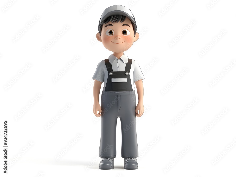 Poster full body 3d animation of a young boy in a software developer uniform standing at the center and iso