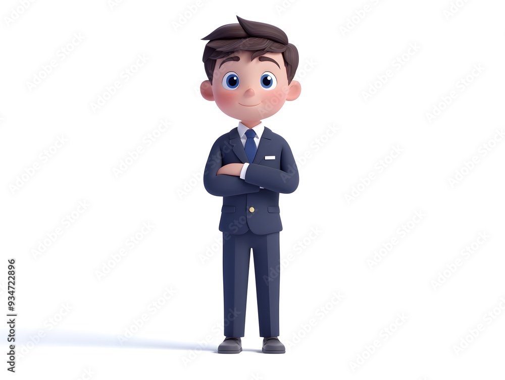 Poster full body 3d animated rendering of a businessperson character wearing a uniform and standing centere