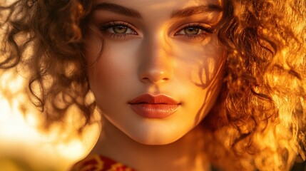 Fototapeta premium Stunning Close-Up Portrait of a Young Woman with Curly Hair in Golden Sunlight