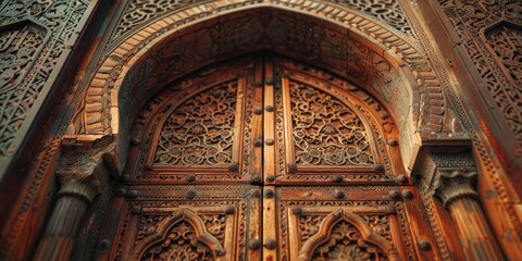 Fototapeta premium Traditional carvings adorn an ancient wooden door at a Muslim madrasah