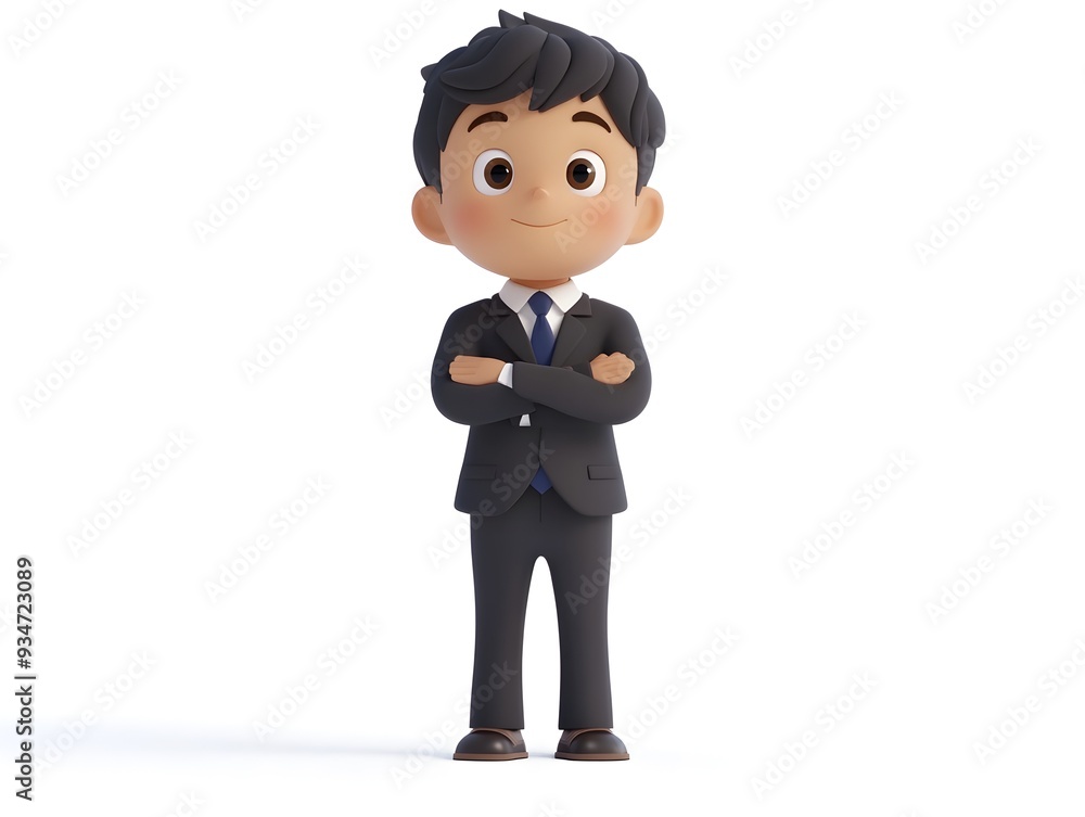 Poster 3d animation of a young boy in a full body businessperson uniform standing at the center of a white 