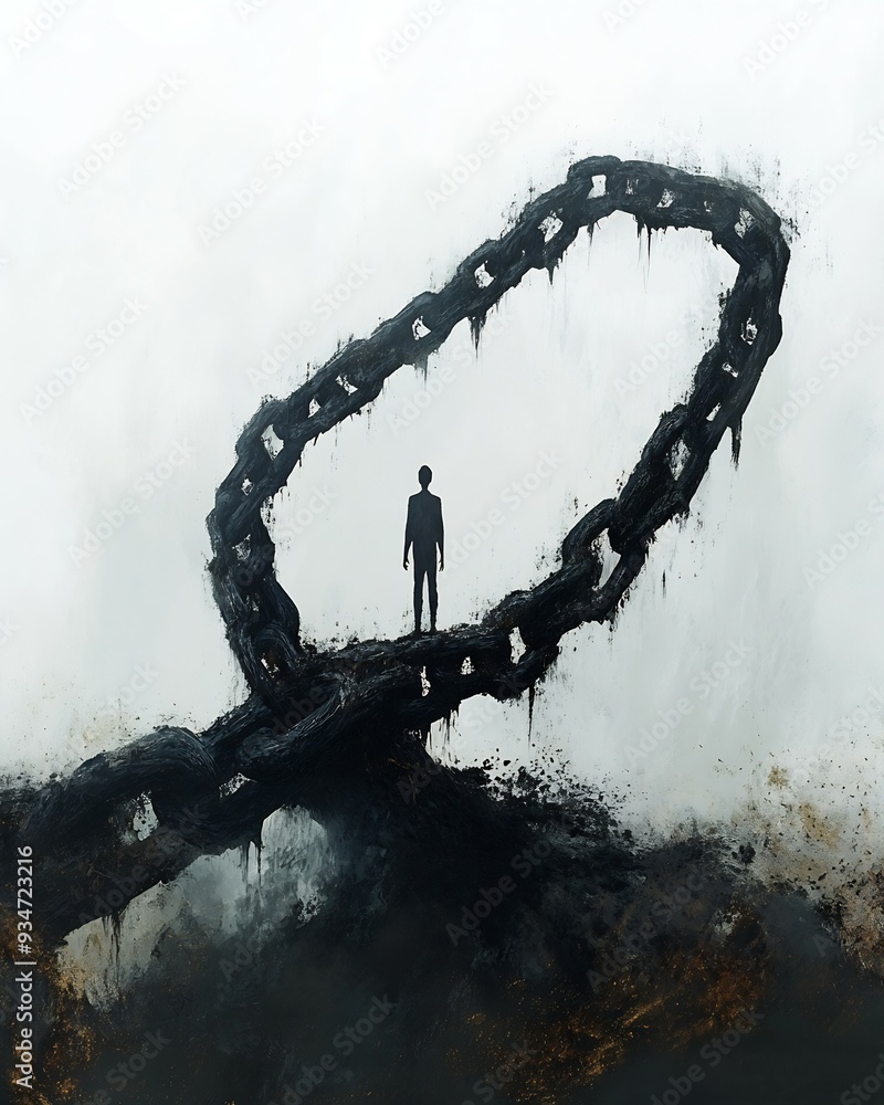 Poster chain of negative thoughts conceptual image of person bound heavy chain made of dark swirling though