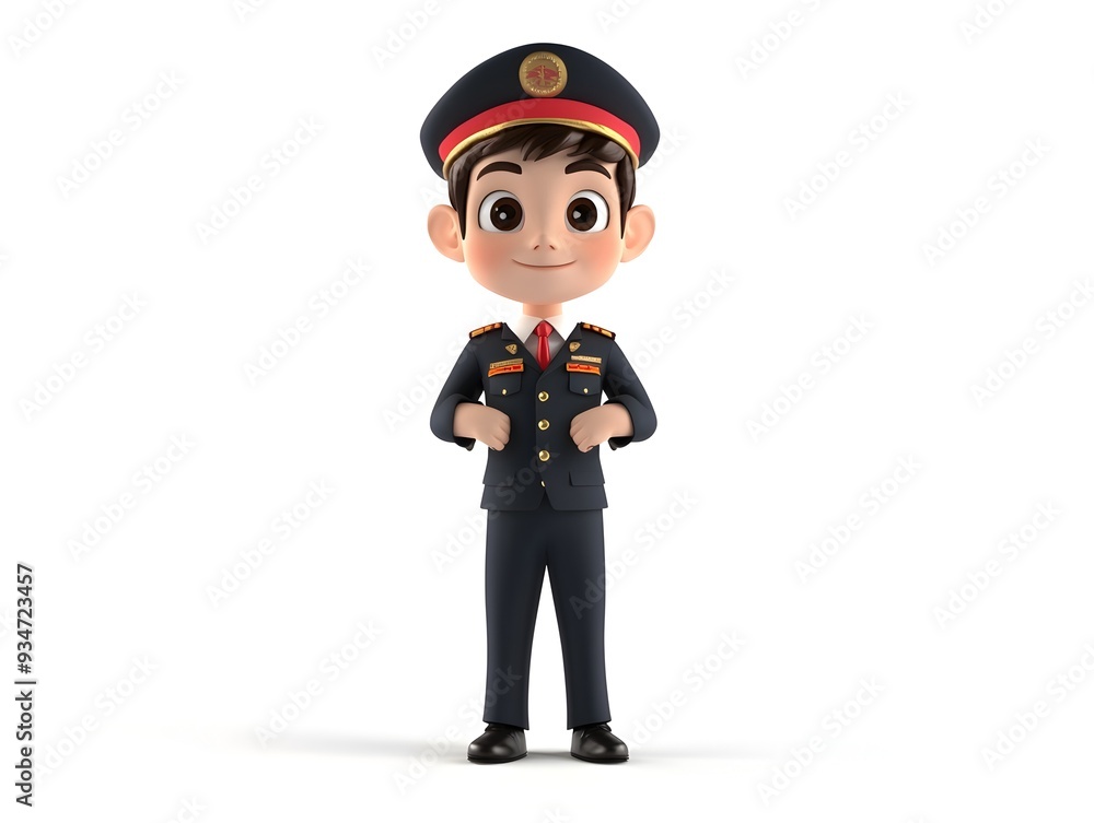 Poster rendered 3d animation of a full body boy character wearing a flight attendant uniform standing at th