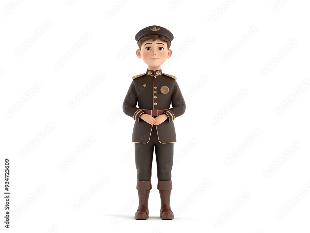Aufkleber a full body 3d animation of a boy wearing a historian uniform standing at the center of a clean whit