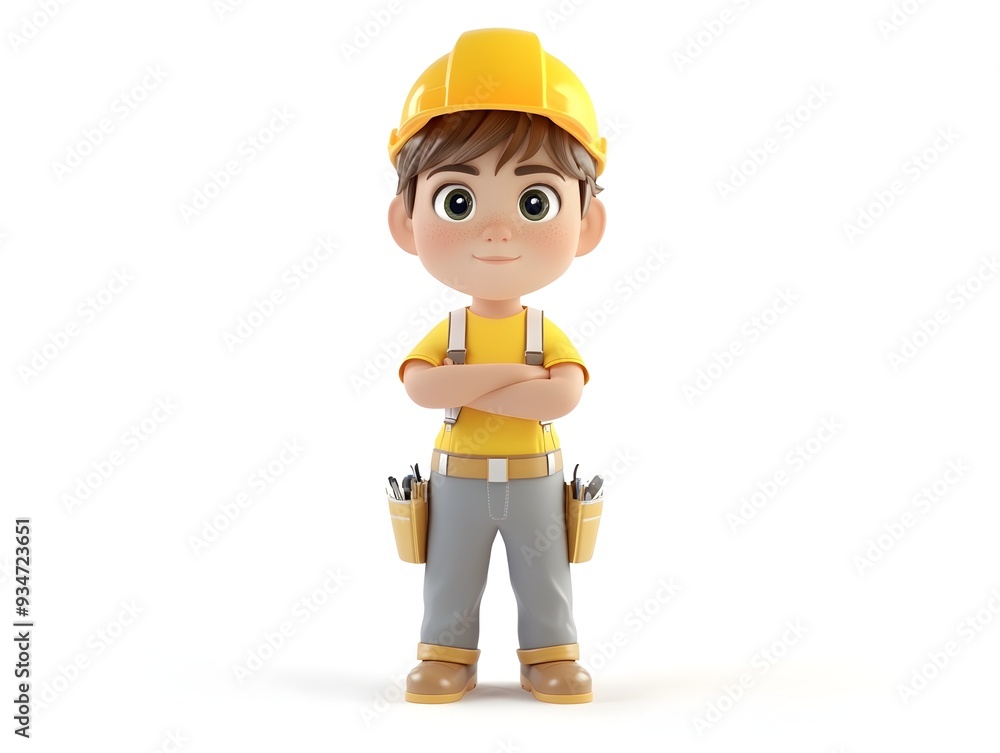 Poster fully rendered 3d animation of young boy wearing architect uniform standing at the center of a white