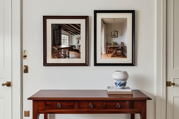 Charming Home D�cor with Framed Art in a Stylish White Room and Elegant Wood Table