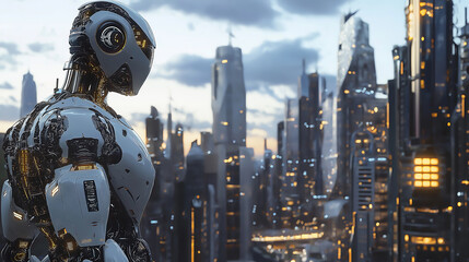 A sci-fi inspired metropolis with intelligent robots managing public services and security