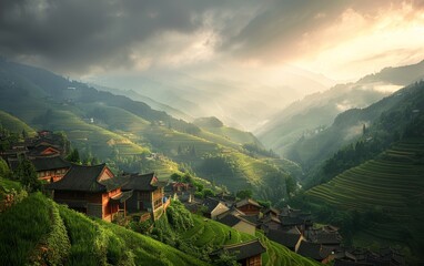 Obraz premium A Chinese Village Nestled in Lush Green Terraces Under a Cloudy Sky