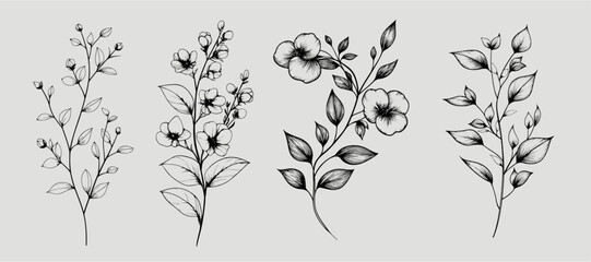 Floral branch and minimalist flowers for logo or tattoo