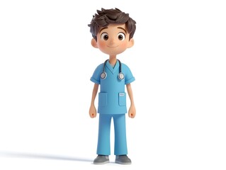 Fototapeta premium 3D animation of a full body boy character wearing a professional therapist uniform standing upright and centered in a clean white studio environment with no shadows or additional elements