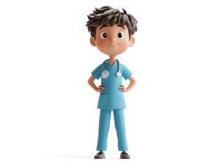 Obraz premium 3D Animated Full Body Render of a Boy Wearing a Therapist s Uniform Standing Isolated on a White Background Offering Professional Healthcare Assistance and Support Services