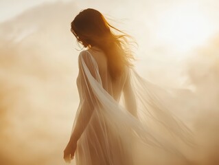Ethereal Woman in Flowing Dress Surrounded by Golden Light and Mist, Capturing a Dreamlike and Serene Atmosphere