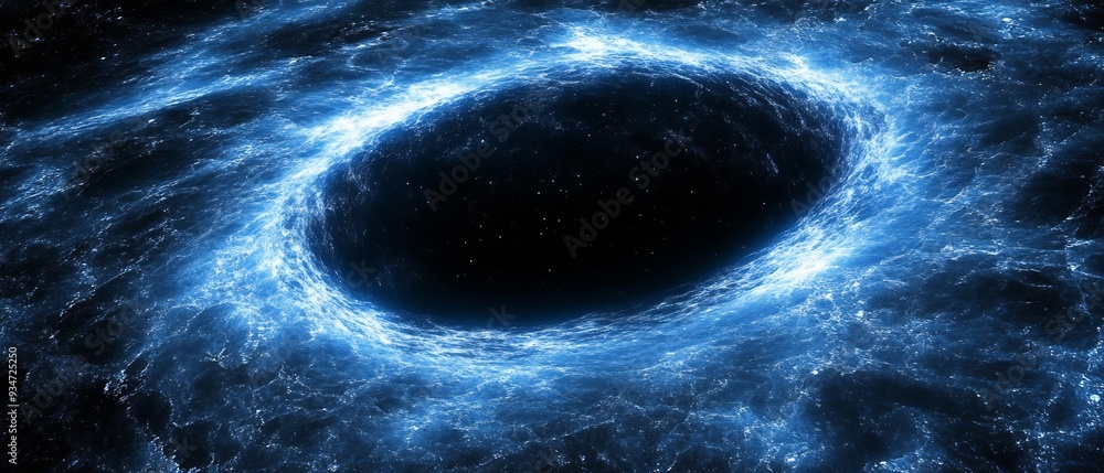 Poster cosmic void surrounding a black hole depicted as a 3d expanse of nothingness with 2d light waves bei