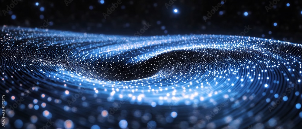 Poster cosmic void surrounding a black hole depicted as a 3d expanse of nothingness with 2d light waves bei