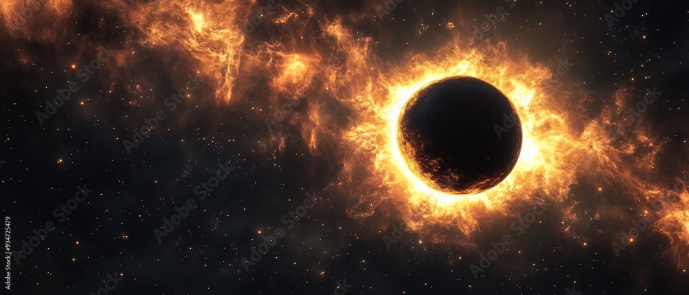 Poster cosmic void surrounding a black hole depicted as a 3d expanse of nothingness with 2d light waves bei
