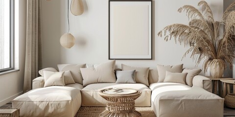 Stylish Beige Boho Living Room with Mock Up Poster Frame and Elegant Accessories