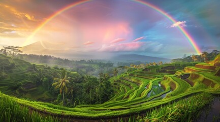 Obraz premium Lush Green Rice Terraces with a Rainbow After Rain