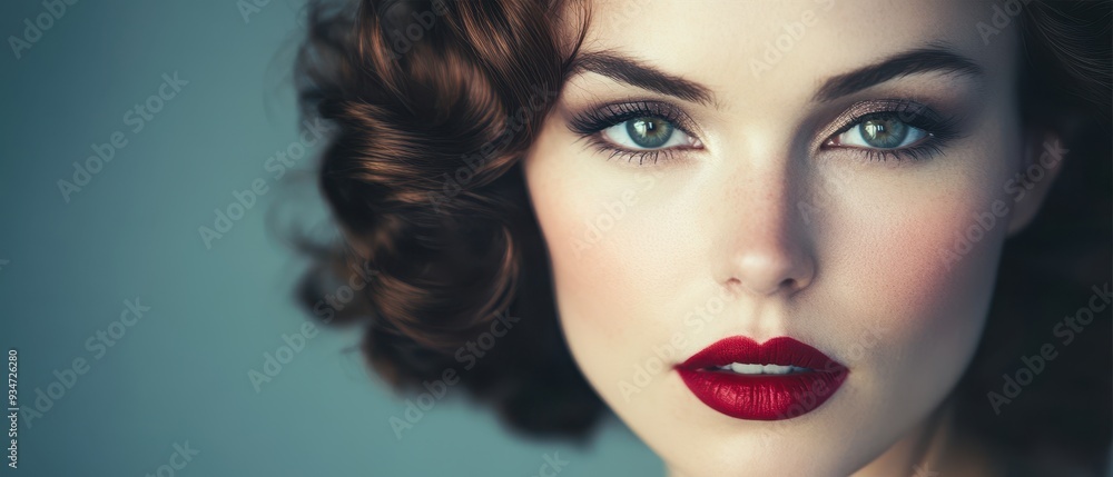 Wall mural stunning portrait of a woman with red lips and curly hair, capturing elegance and beauty in high-res