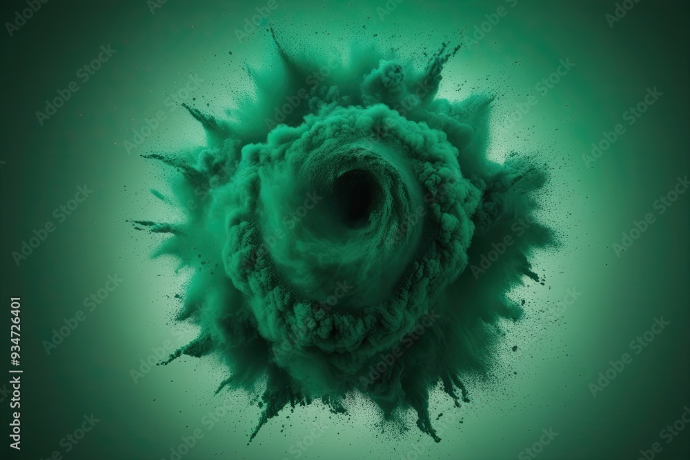 Poster vibrant emerald dust burst with dynamic swirling particle cloud