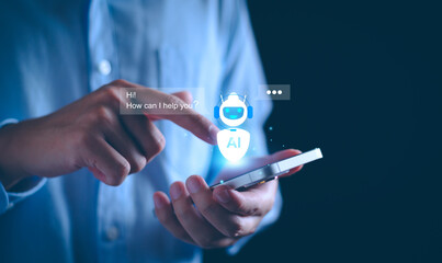 AI chat bot technology concept, business man using technology smart robot AI Intelligence, command prompt generates something. Business futuristic technology transformation. Chat bot with AI