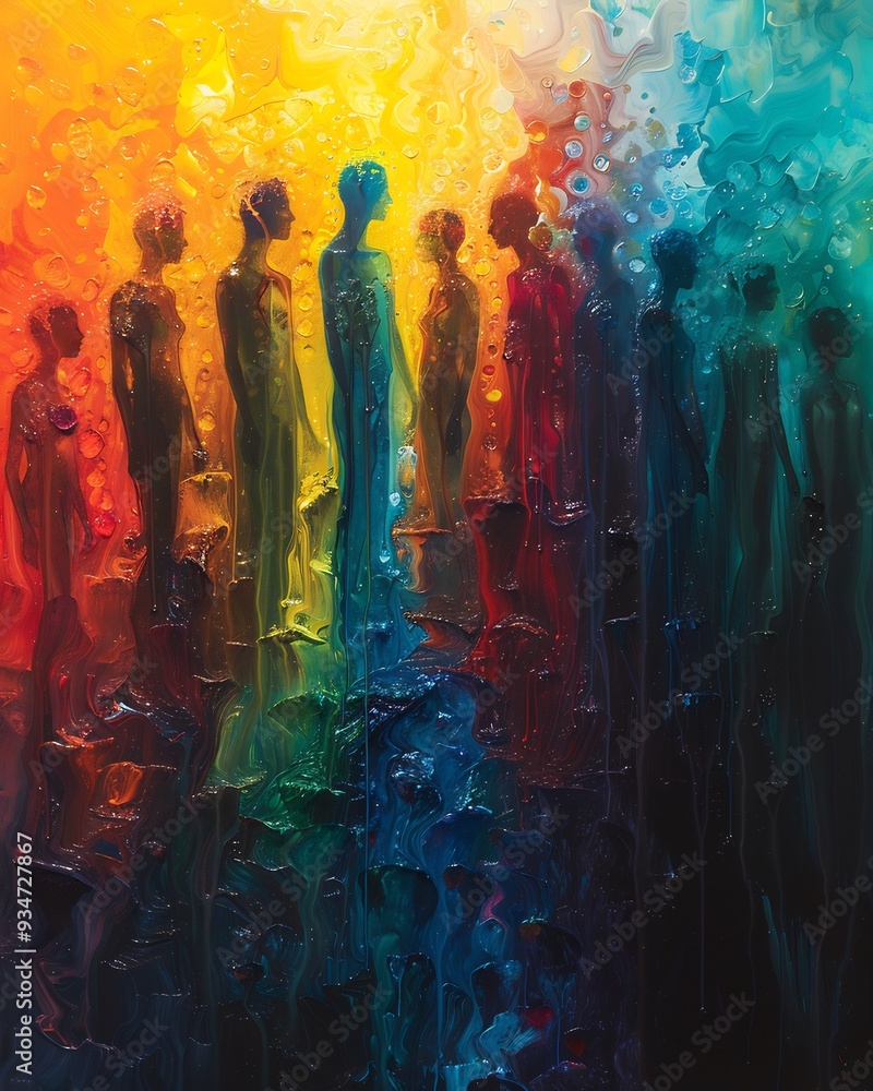 Poster diversity spectrum abstract image where diverse human figure arranged along spectrum of color repres
