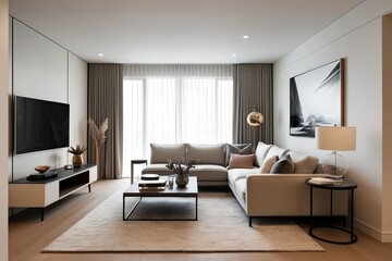 Spacious Stylish Living Room Featuring Minimalist Design and Comfortable Sofa